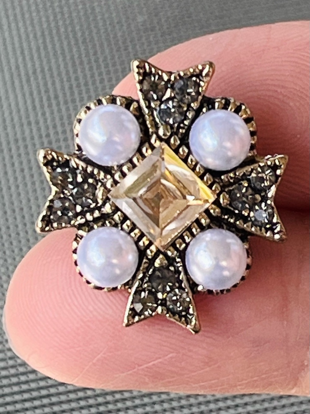 Vintage Maltese Cross Brooch | Marcasite Faux Pearl Pin